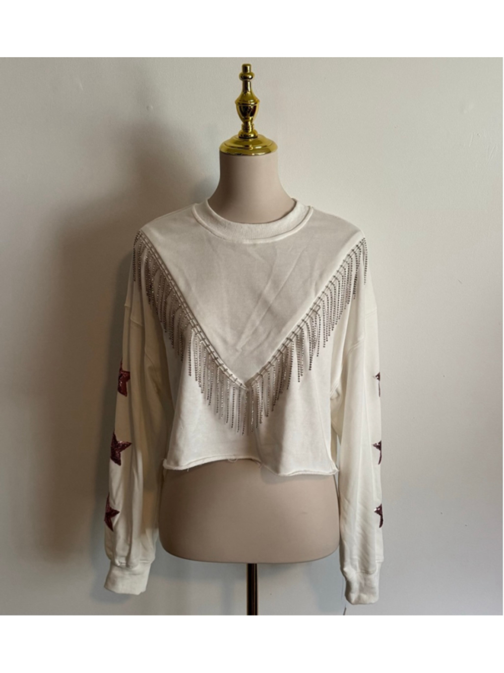 Women's Baevely Ivory Cropped Sweatshirt with Pink Sequin Stars, S